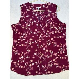 Croft & Barrow Womens XL Sleeveless Floral Button Front Blouse Burgundy